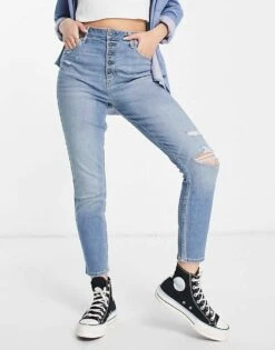 Abercrombie & Fitch Curve Love High Rise Distressed Ankle Grazer Skinny Jeans In Mid Wash Blue For Women Navy -Abercro Clothing Shop 201358721 1 navy 1