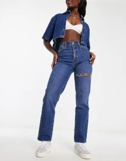 Abercrombie & Fitch Curve Love 90s Straight Fit Jean In Dark Blue With Thigh Slash For Women