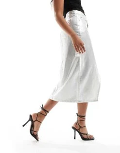 Abercrombie & Fitch Metallic Denim Midi Skirt With Front Split In Silver For Women Silver Metallic -Abercro Clothing Shop 205522675 4