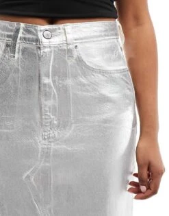 Abercrombie & Fitch Metallic Denim Midi Skirt With Front Split In Silver For Women Silver Metallic -Abercro Clothing Shop 205522675 5