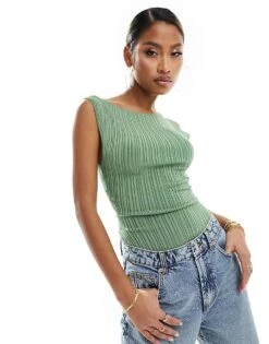 Abercrombie & Fitch Glossy Slash Neck Bodysuit In Green For Women