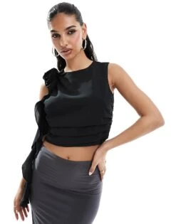 Abercrombie & Fitch Draped Rosette Crop Top In Black For Women