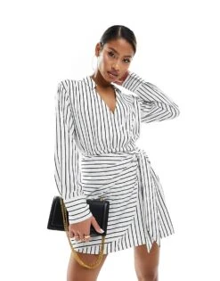 Abercrombie & Fitch Long Sleeve Draped Striped Shirt Dress In White For Women -Abercro Clothing Shop 206330145 1 stripe 1