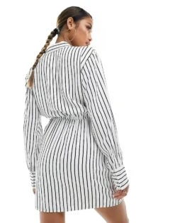 Abercrombie & Fitch Long Sleeve Draped Striped Shirt Dress In White For Women -Abercro Clothing Shop 206330145 3