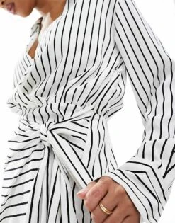 Abercrombie & Fitch Long Sleeve Draped Striped Shirt Dress In White For Women -Abercro Clothing Shop 206330145 4