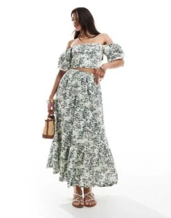 Abercrombie & Fitch Co-ord Linen Blend Tiered Maxi Skirt In Green Floral Print For Women Green Toile -Abercro Clothing Shop 206330160 1 greentoile 1