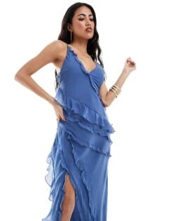 Abercrombie & Fitch Ruffle Maxi Dress With Side Slit In Blue For Women