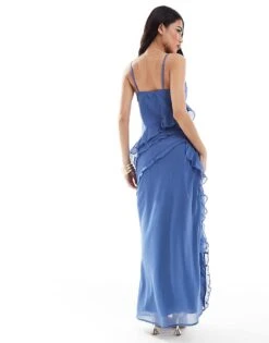 Abercrombie & Fitch Ruffle Maxi Dress With Side Slit In Blue For Women -Abercro Clothing Shop 206330244 3