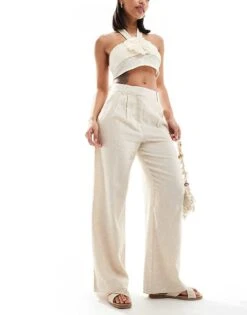 Abercrombie & Fitch Sloane Linen Blend High Waisted Trouser In Beige For Women