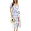Abercrombie & Fitch Puff Sleeve Ruched Bodice Midi Dress In Blue Floral For Women -Abercro Clothing Shop 206330285 1 bluefloral