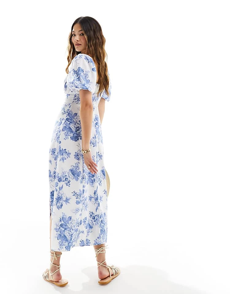 Abercrombie & Fitch Puff Sleeve Ruched Bodice Midi Dress In Blue Floral For Women 4 Abercrombie & Fitch Puff Sleeve Ruched Bodice Midi Dress In Blue Floral For Women - Image 3