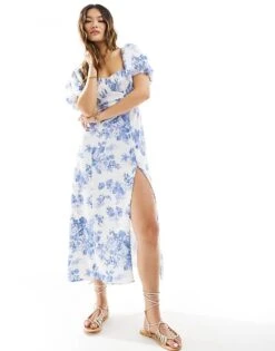 Abercrombie & Fitch Puff Sleeve Ruched Bodice Midi Dress In Blue Floral For Women 9 Abercrombie & Fitch Puff Sleeve Ruched Bodice Midi Dress In Blue Floral For Women -Abercro Clothing Shop 206330285 4