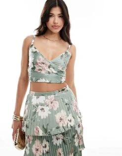 Abercrombie & Fitch Co-ord Pleated Satin Floral Print Top In Green For Women Green Floral -Abercro Clothing Shop 206330539 1 greenfloral 1