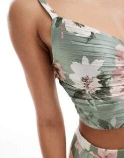 Abercrombie & Fitch Co-ord Pleated Satin Floral Print Top In Green For Women Green Floral -Abercro Clothing Shop 206330539 3