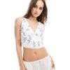 Abercrombie & Fitch Plunge Neck Linen Blend Top With Floral Embriodery In White For Women Blue/white Floral -Abercro Clothing Shop 206330618 1 bluewhitefloral