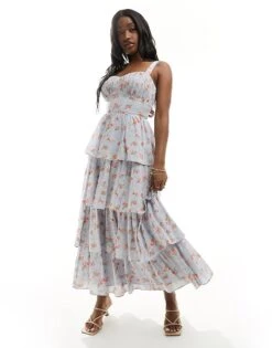 Abercrombie & Fitch Tiered Maxi Dress With Lace Up Back In Blue Floral For Women -Abercro Clothing Shop 206330646 1 bluefloral 1