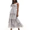Abercrombie & Fitch Tiered Maxi Dress With Lace Up Back In Blue Floral For Women