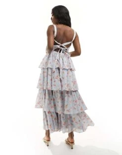 Abercrombie & Fitch Tiered Maxi Dress With Lace Up Back In Blue Floral For Women -Abercro Clothing Shop 206330646 3