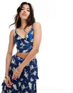 Abercrombie & Fitch Co-ord Pleated Satin Floral Print Top In Blue For Women Blue Floral -Abercro Clothing Shop 206330670 1 bluefloral 1