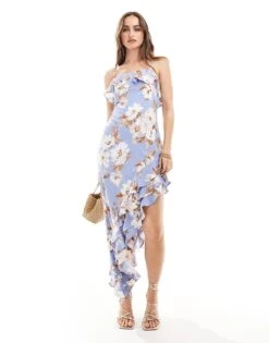 Abercrombie & Fitch Maxi Dress With Detachable Straps And Asymetric Ruffle Hem In Blue Floral Print For Women -Abercro Clothing Shop 206330789 1 bluefloral 1