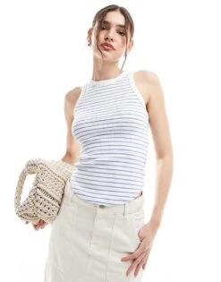Abercrombie & Fitch Striped Racer Vest With Curved Hem In White And Blue For Women Blue/white Stripe