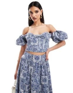 Abercrombie & Fitch Co-ord Puff Sleeve Top In Blue Tile Print For Women -Abercro Clothing Shop 206575374 1 tileprint 1