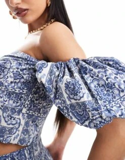 Abercrombie & Fitch Co-ord Puff Sleeve Top In Blue Tile Print For Women -Abercro Clothing Shop 206575374 3