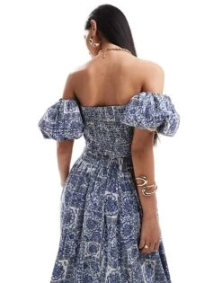 Abercrombie & Fitch Co-ord Puff Sleeve Top In Blue Tile Print For Women -Abercro Clothing Shop 206575374 4