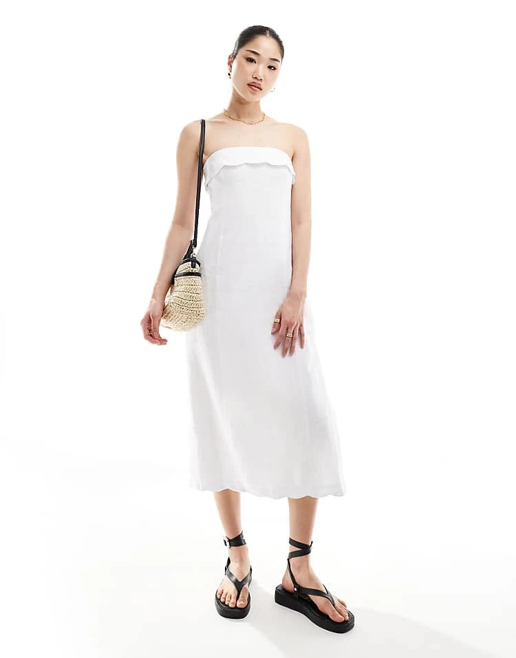 Abercrombie & Fitch Linen Blend Midi Strapless Dress With Scallop Edge In White For Women Brilliant White 7 Abercrombie & Fitch Linen Blend Midi Strapless Dress With Scallop Edge In White For Women Brilliant White - Image 5