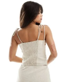 Abercrombie & Fitch Co-ord Linen Blend Top With Tie Shoulder Detailing In Oatmeal For Women Oatmeal Heather -Abercro Clothing Shop 206575619 3