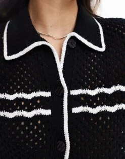 Abercrombie & Fitch Crochet Short Sleeve Polo With Tipping In Black For Women Black Beauty -Abercro Clothing Shop 206634962 3