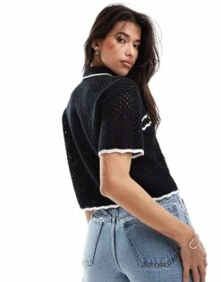 Abercrombie & Fitch Crochet Short Sleeve Polo With Tipping In Black For Women Black Beauty -Abercro Clothing Shop 206634962 4