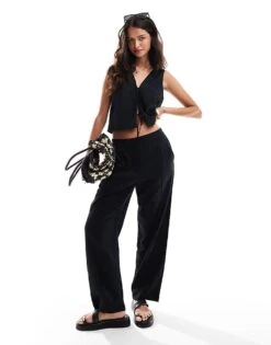 Abercrombie & Fitch Co-ord Linen Blend Wide Leg Trouser In Black For Women Black Beauty