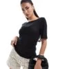 Abercrombie & Fitch Sheer Jersey T-shirt In Black With Slash Neck For Women -Abercro Clothing Shop 206635183 1 black