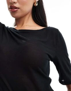 Abercrombie & Fitch Sheer Jersey T-shirt In Black With Slash Neck For Women -Abercro Clothing Shop 206635183 3