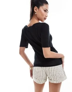 Abercrombie & Fitch Sheer Jersey T-shirt In Black With Slash Neck For Women -Abercro Clothing Shop 206635183 4