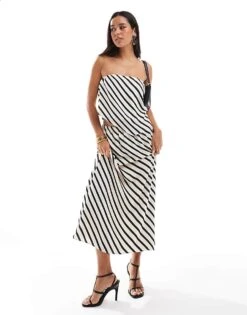 Abercrombie & Fitch Co-ord Striped Satin Scarf Set Black And Cream