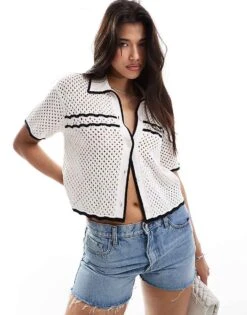 Abercrombie & Fitch Crochet Short Sleeve Polo With Tipping In White For Women