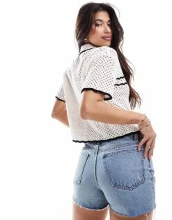 Abercrombie & Fitch Crochet Short Sleeve Polo With Tipping In White For Women -Abercro Clothing Shop 206635311 4