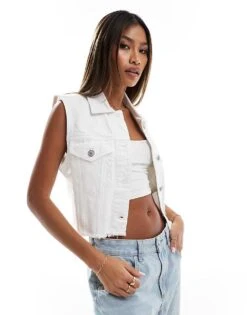 Abercrombie & Fitch Cut Off Sleeveless Denim Jacket In White For Women Brilliant White -Abercro Clothing Shop 206635438 4