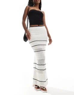 Abercrombie & Fitch Co-ord Tiered Knitted Crochet Skirt In Cream For Women Cream/black