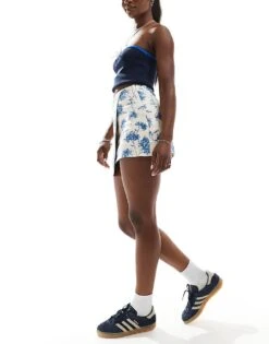 Abercrombie & Fitch Linen Blend Mini Wrap Skort In Blue Floral Print For Women Cream Grounded Blue -Abercro Clothing Shop 206635609 4