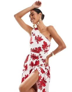 Abercrombie & Fitch One Shoulder Floral Printed Maxi Dress With Side Slit In White And Red For Women Red Floral -Abercro Clothing Shop 206635793 1 redfloral 1