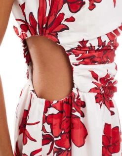 Abercrombie & Fitch One Shoulder Floral Printed Maxi Dress With Side Slit In White And Red For Women Red Floral -Abercro Clothing Shop 206635793 4