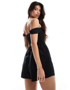 Abercrombie & Fitch Linen Blend Off The Shoulder Playsuit In Black For Women Black Beauty -Abercro Clothing Shop 206635842 2
