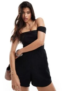 Abercrombie & Fitch Linen Blend Off The Shoulder Playsuit In Black For Women Black Beauty -Abercro Clothing Shop 206635842 4