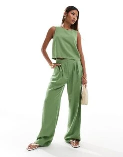 Abercrombie & Fitch Sloane Co-ord Linen Blend Wide Leg Trouser In Green For Women Jade Green