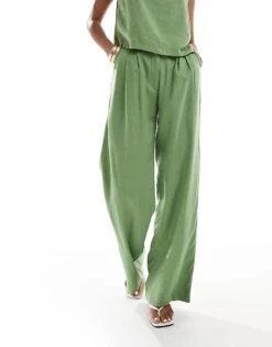 Abercrombie & Fitch Sloane Co-ord Linen Blend Wide Leg Trouser In Green For Women Jade Green -Abercro Clothing Shop 206670945 5