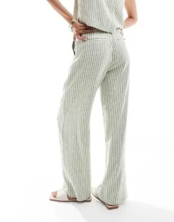 Abercrombie & Fitch Sloane Co-ord Linen Blend Wide Leg Trouser In Green Stripe For Women Green White Stripe -Abercro Clothing Shop 206671156 5