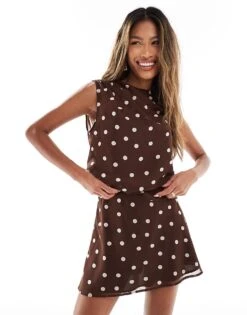 Abercrombie & Fitch High Neck Sheer Layered Top In Brown Polka Dot For Women